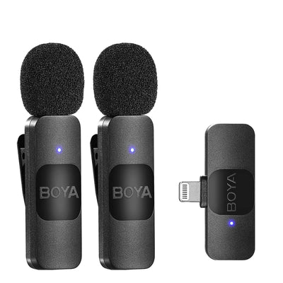 Two BOYA microphones with a receiver on a white background