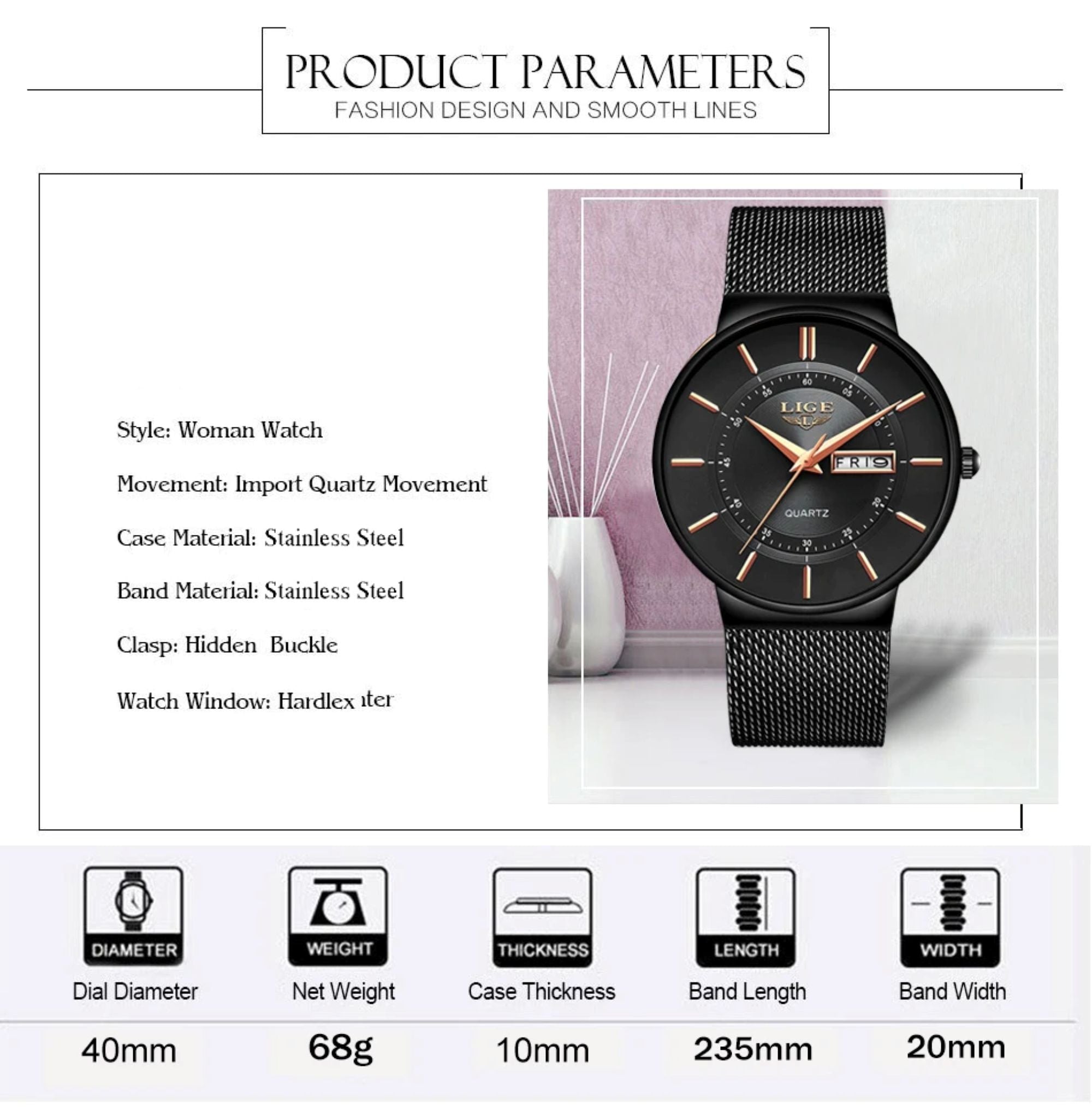 Black wristwatch with detailed specifications on a white background