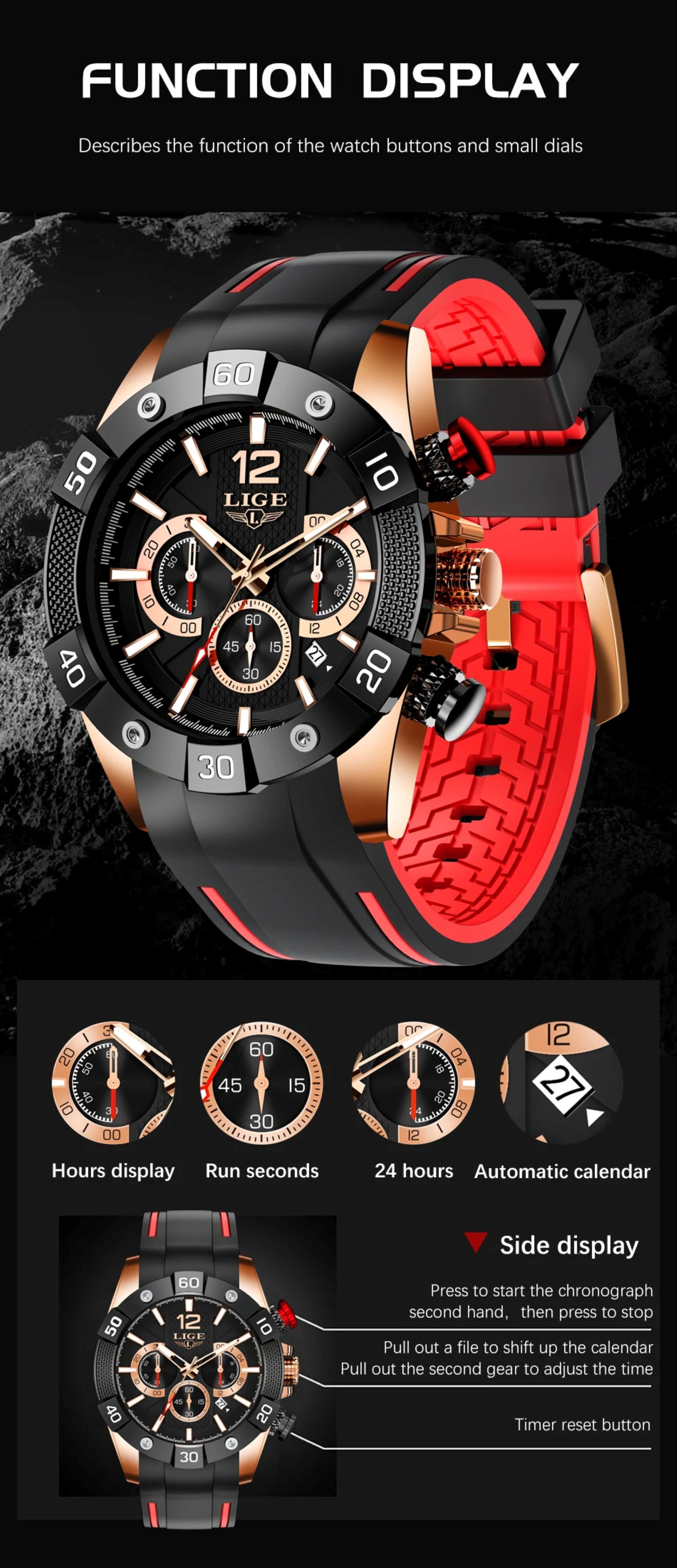 Wristwatch with red and black strap and detailed display on a dark background
