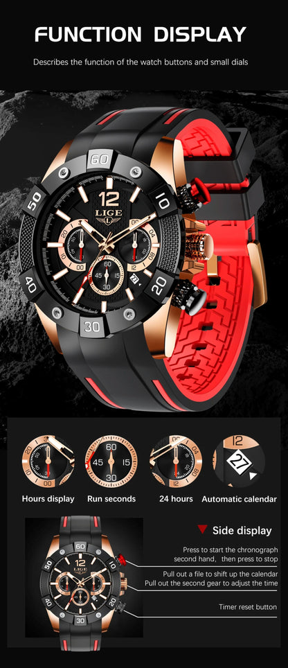 Wristwatch with red and black strap and detailed display on a dark background