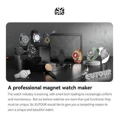 Collection of watches on a display stand with EUTOUR branding