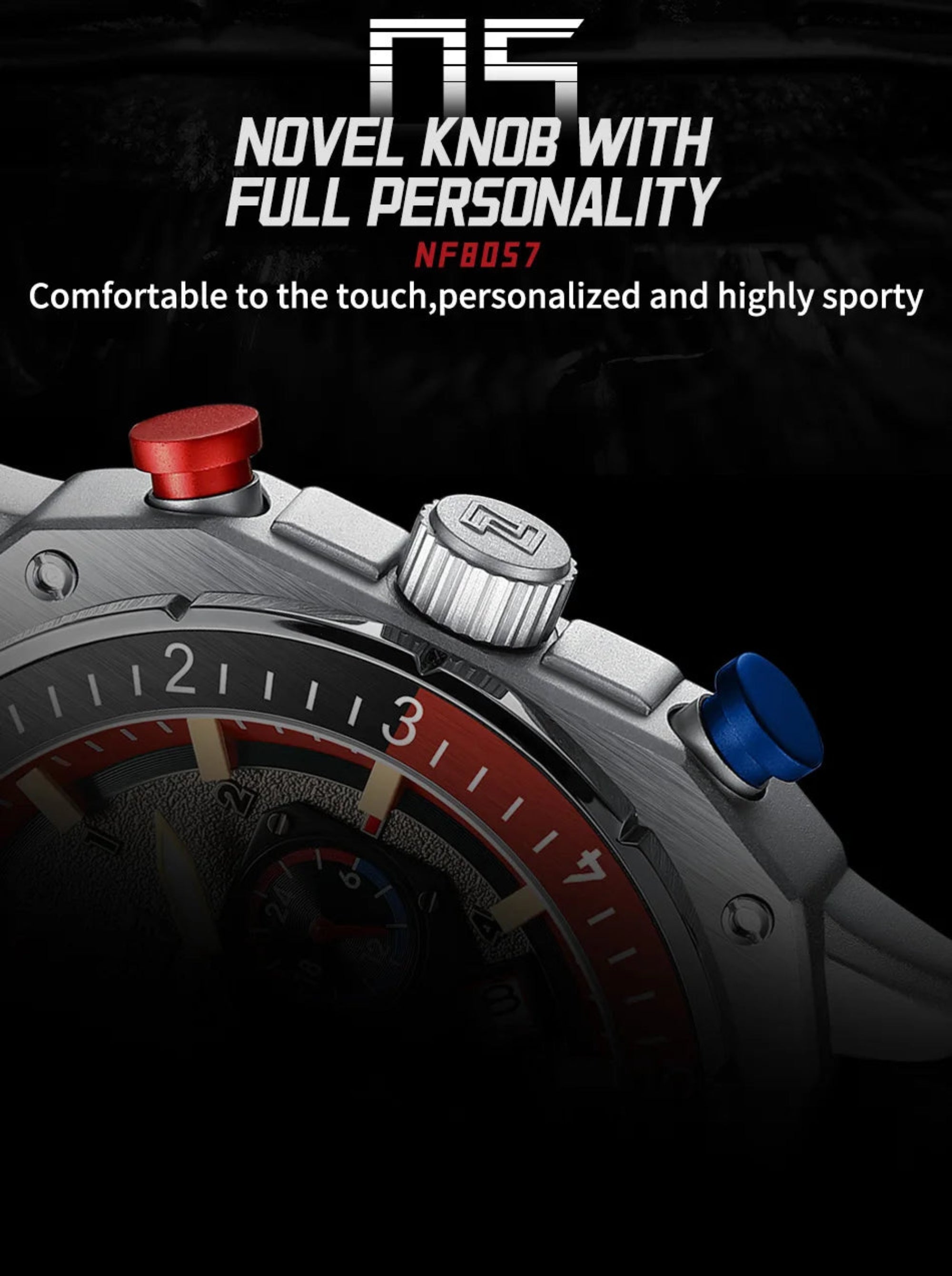Watch with red and blue knobs on a dark background, featuring text about the product.