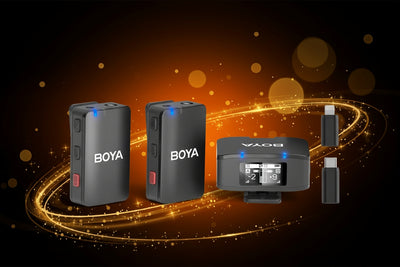 Collection of Boya and Vaoz audio equipment on a dark background with glowing effects.