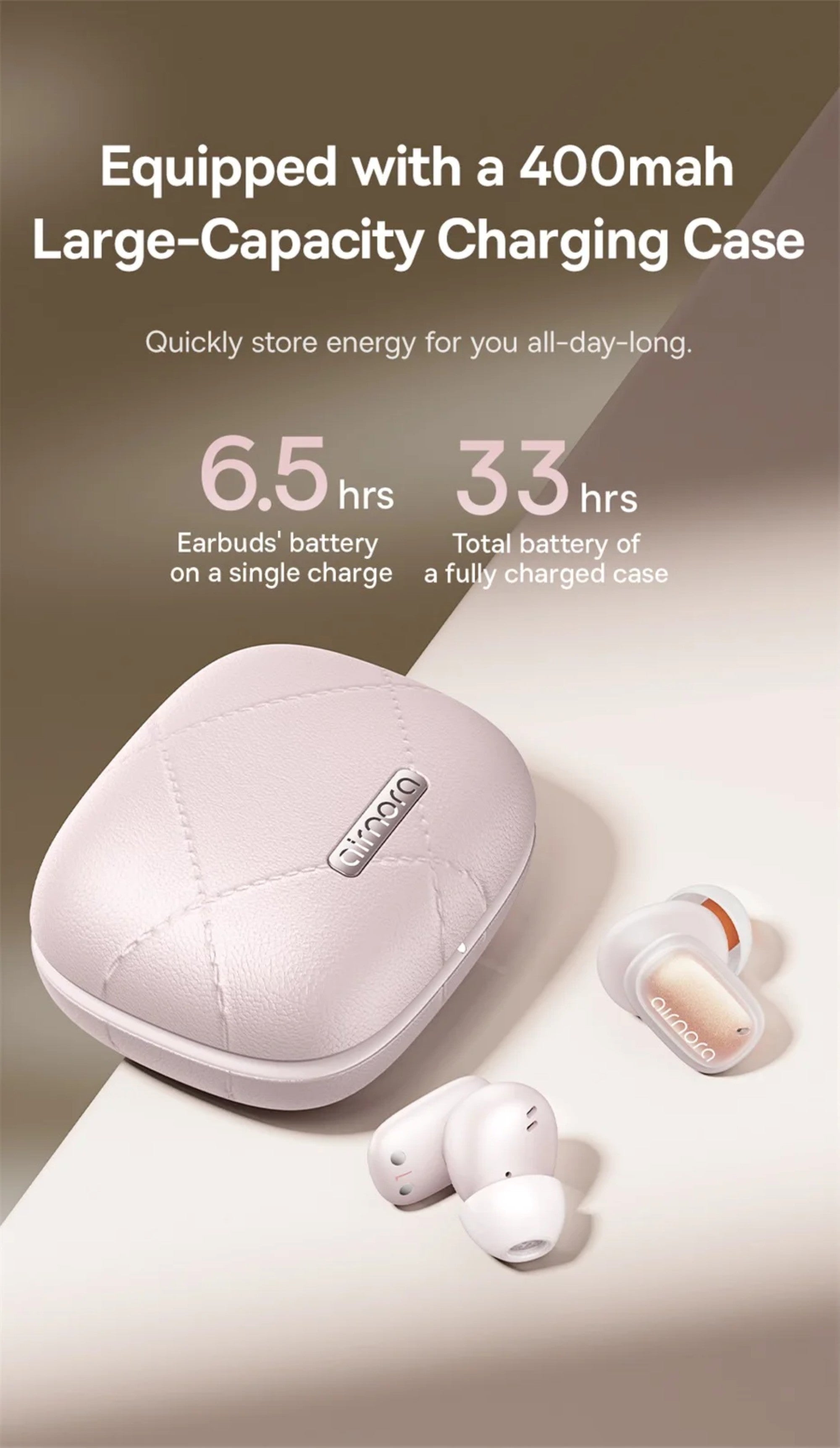 Wireless earbuds with a charging case on a light background