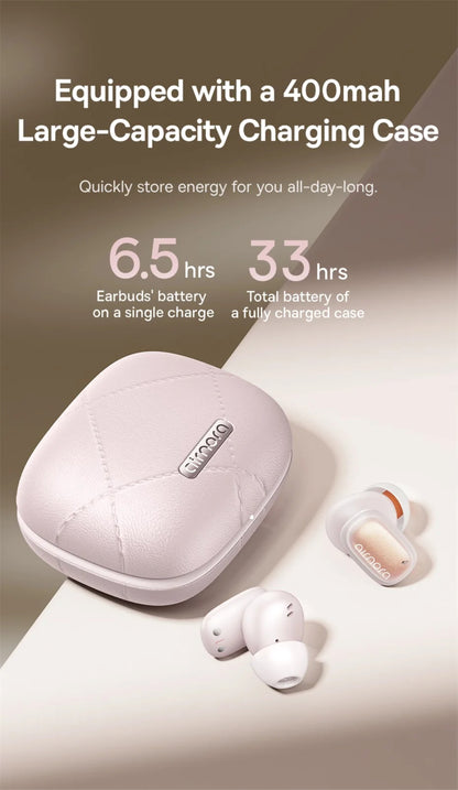 Wireless earbuds with a charging case on a light background