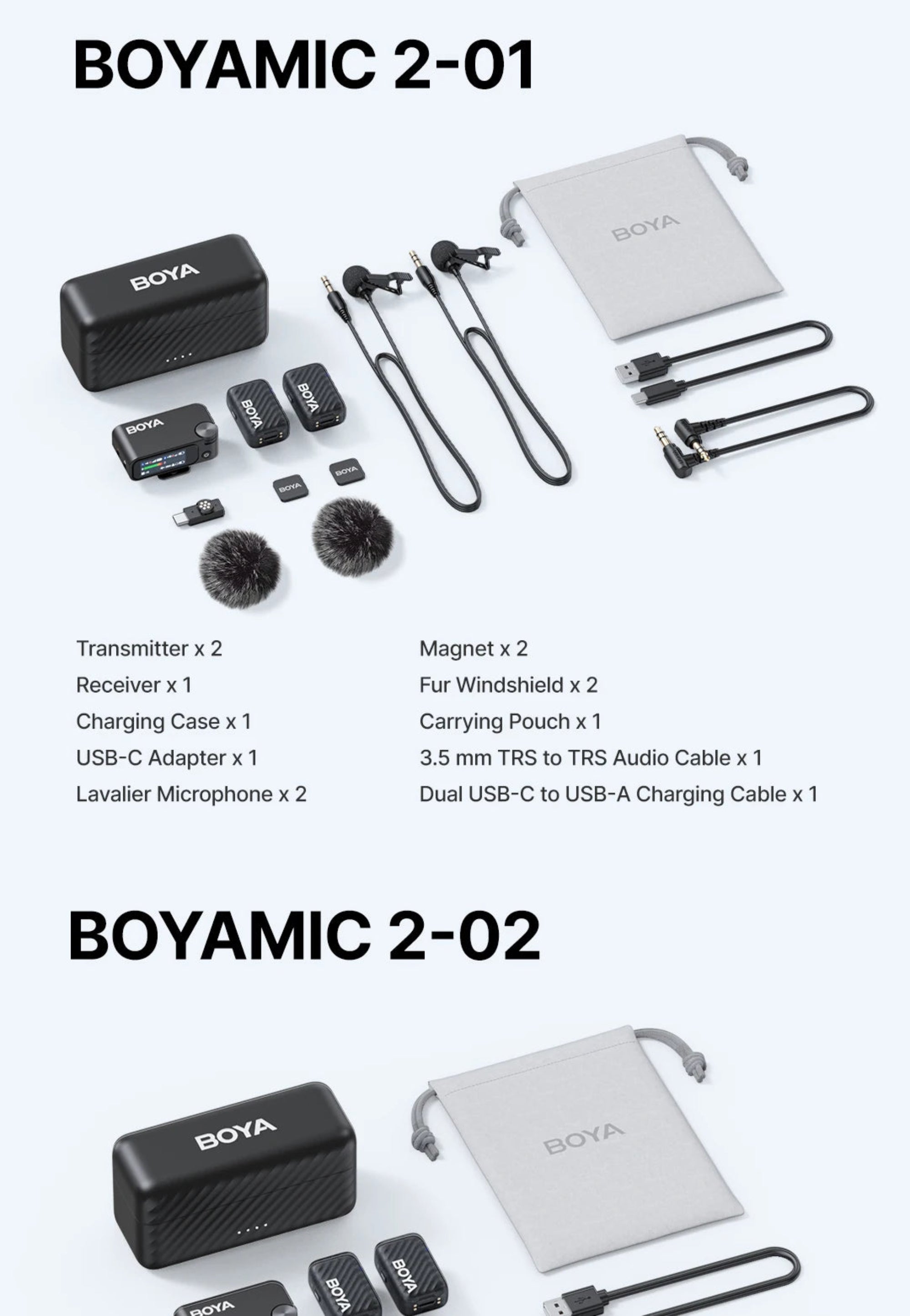 BOYA Boyamic 2-01 and Boyamic 2-02 audio equipment set on a white background