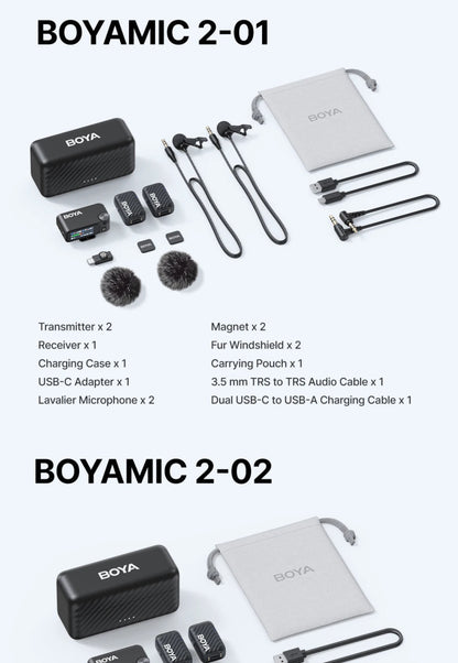 BOYA Boyamic 2-01 and Boyamic 2-02 audio equipment set on a white background