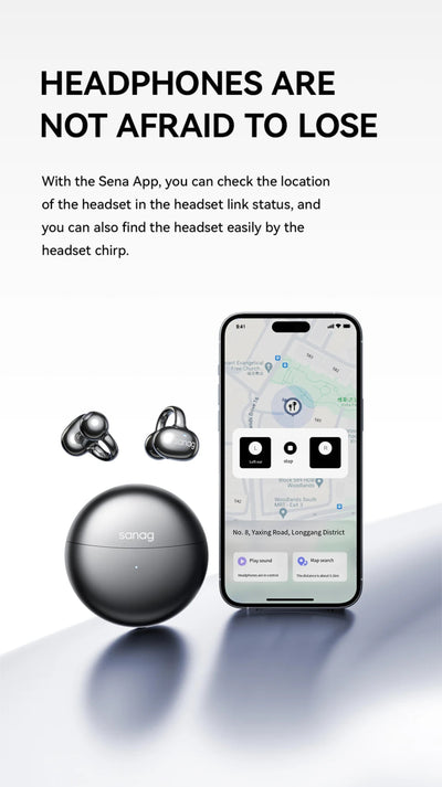 Sena headphones with smartphone app interface on a white background
