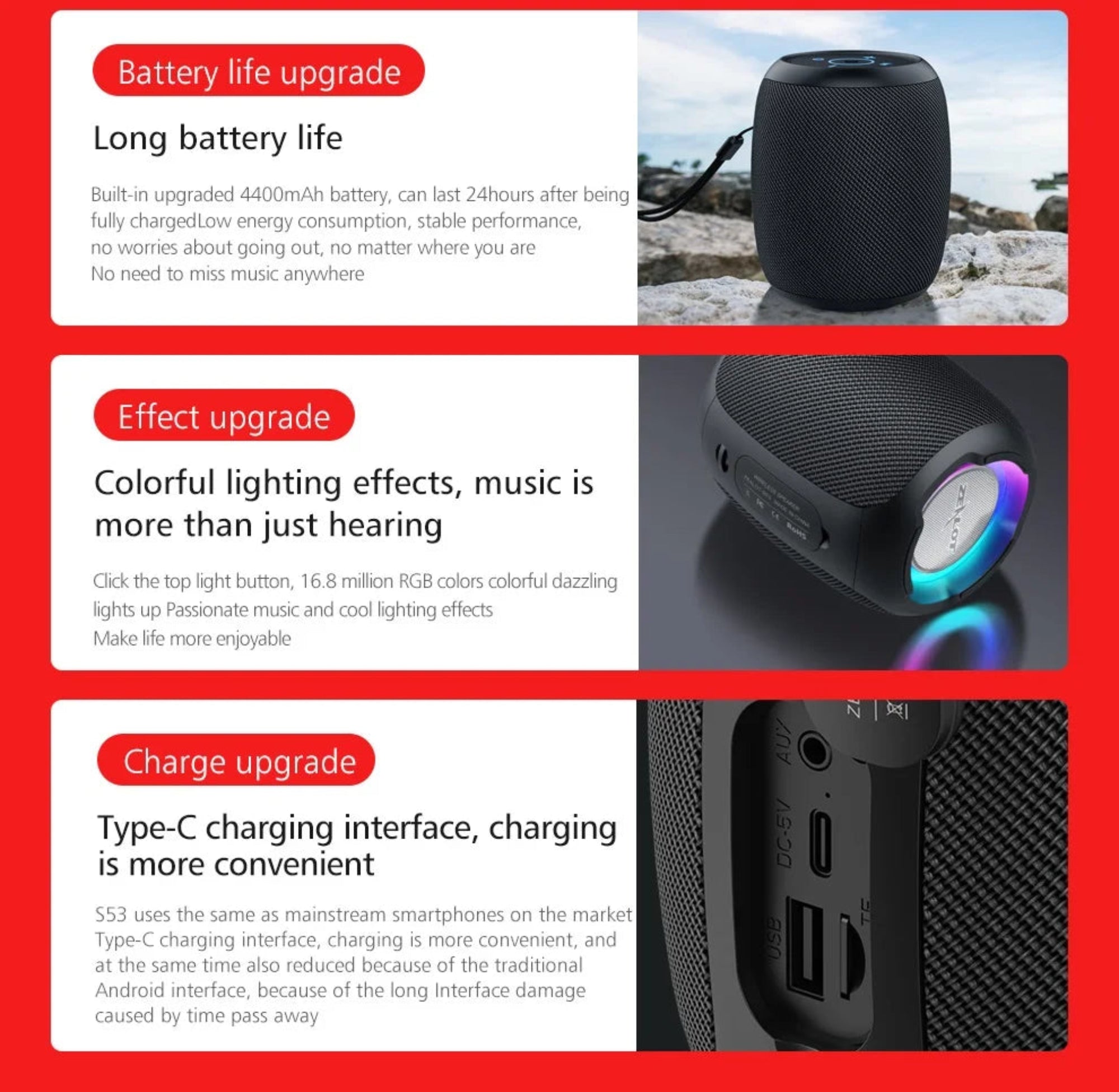 Black portable speaker with RGB lighting effects on a red background