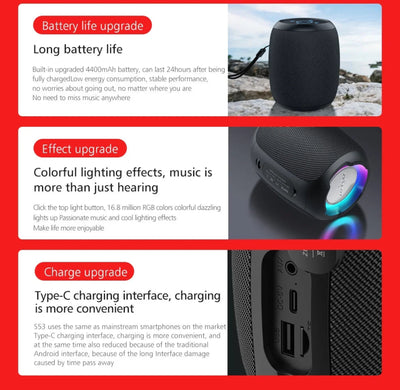 Black portable speaker with RGB lighting effects on a red background