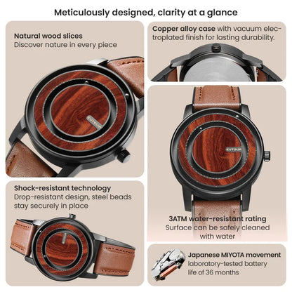 Wooden watch with copper alloy case and leather strap, featuring durability and design details