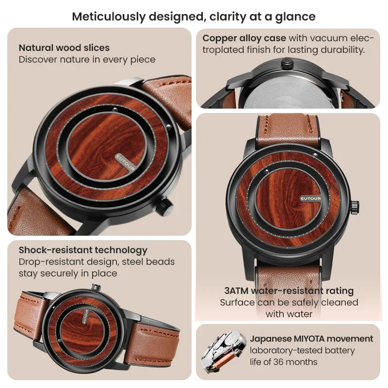 Wooden watch with copper alloy case and leather strap, featuring durability and design details