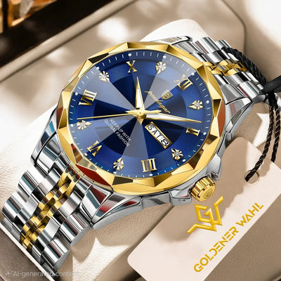 Goldener Wahl men's watch with a blue dial, gold-tone bezel and hands, and a two-tone silver and gold stainless steel link bracelet, displayed on a beige surface with a branded tag.