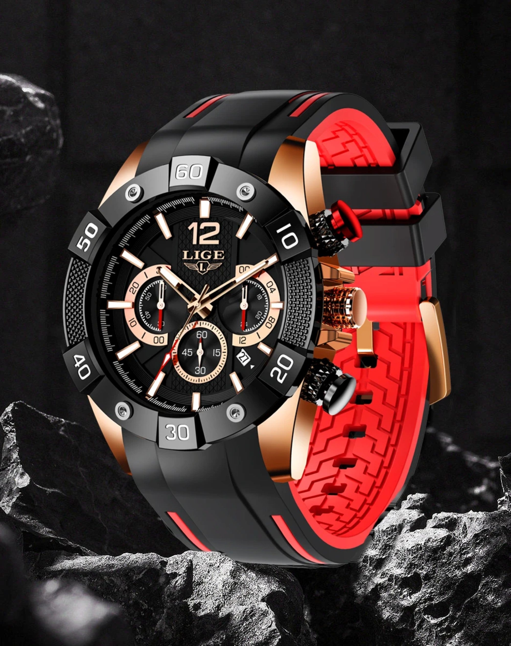 Luxury watch with black and red strap on a dark background