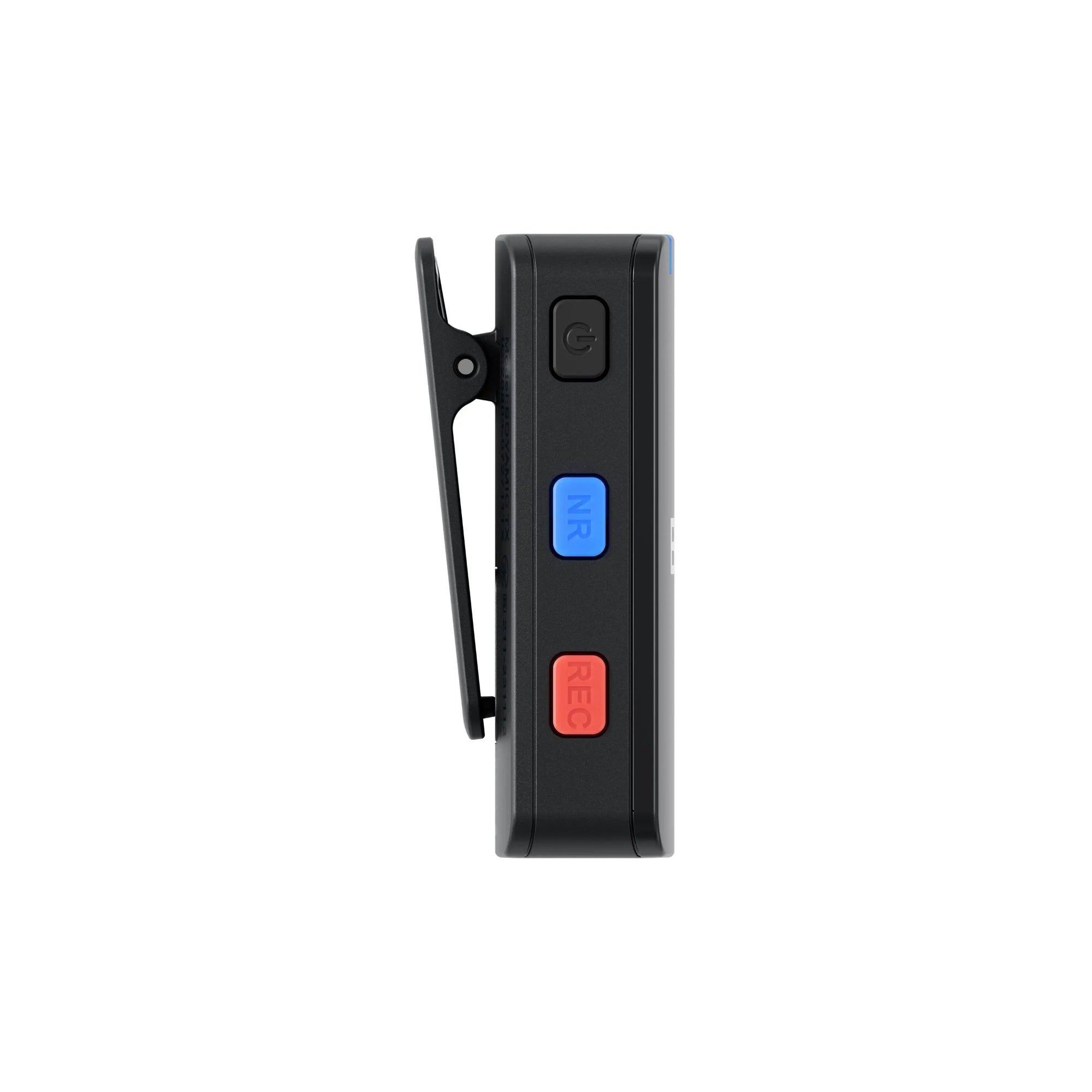 Black electronic device with red and blue buttons on a white background