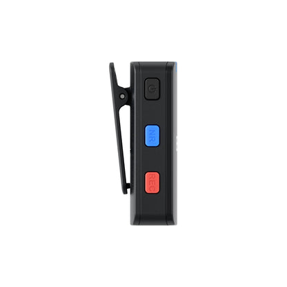 Black electronic device with red and blue buttons on a white background