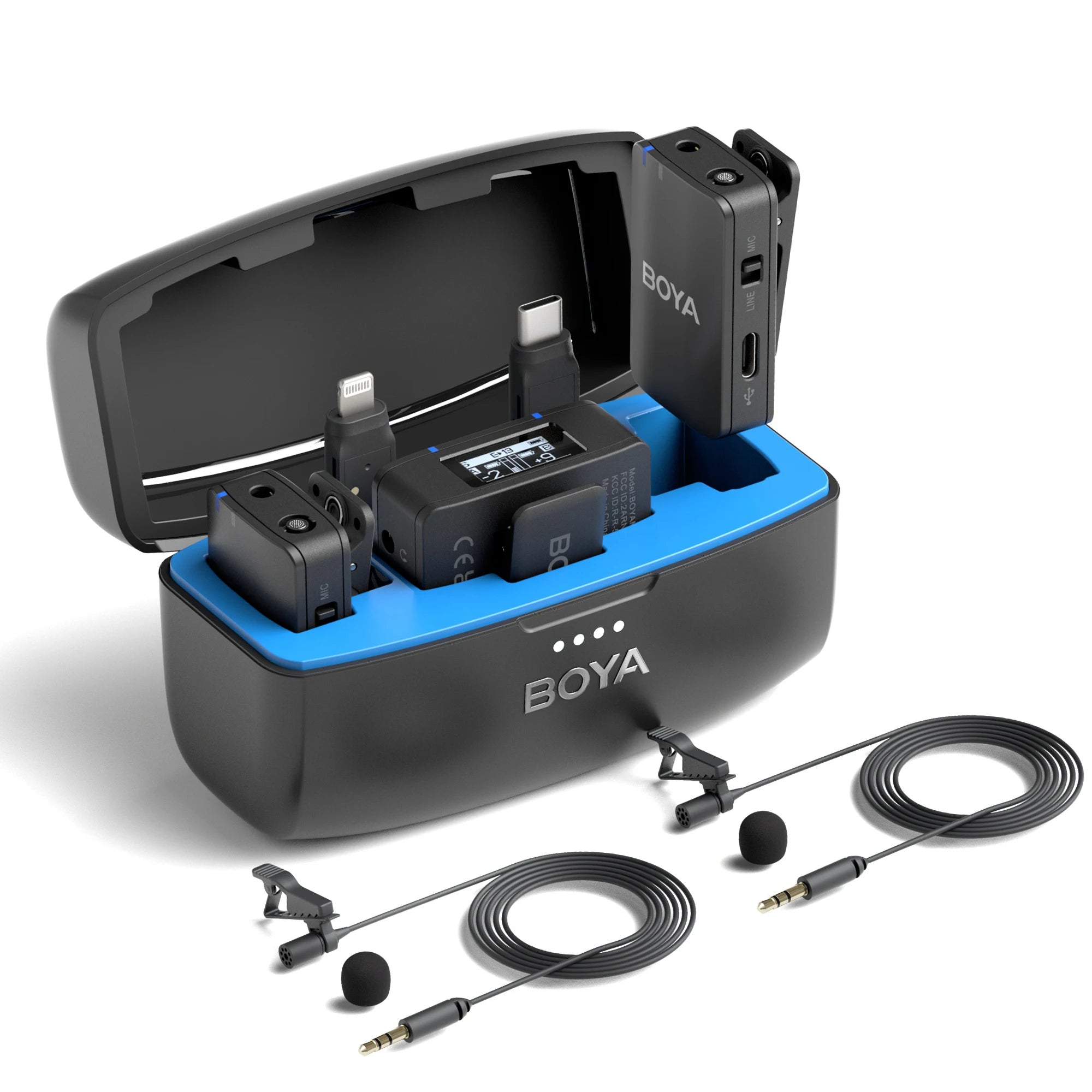Boya microphone setup with batteries and cables on a white background