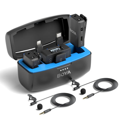 Boya microphone setup with batteries and cables on a white background