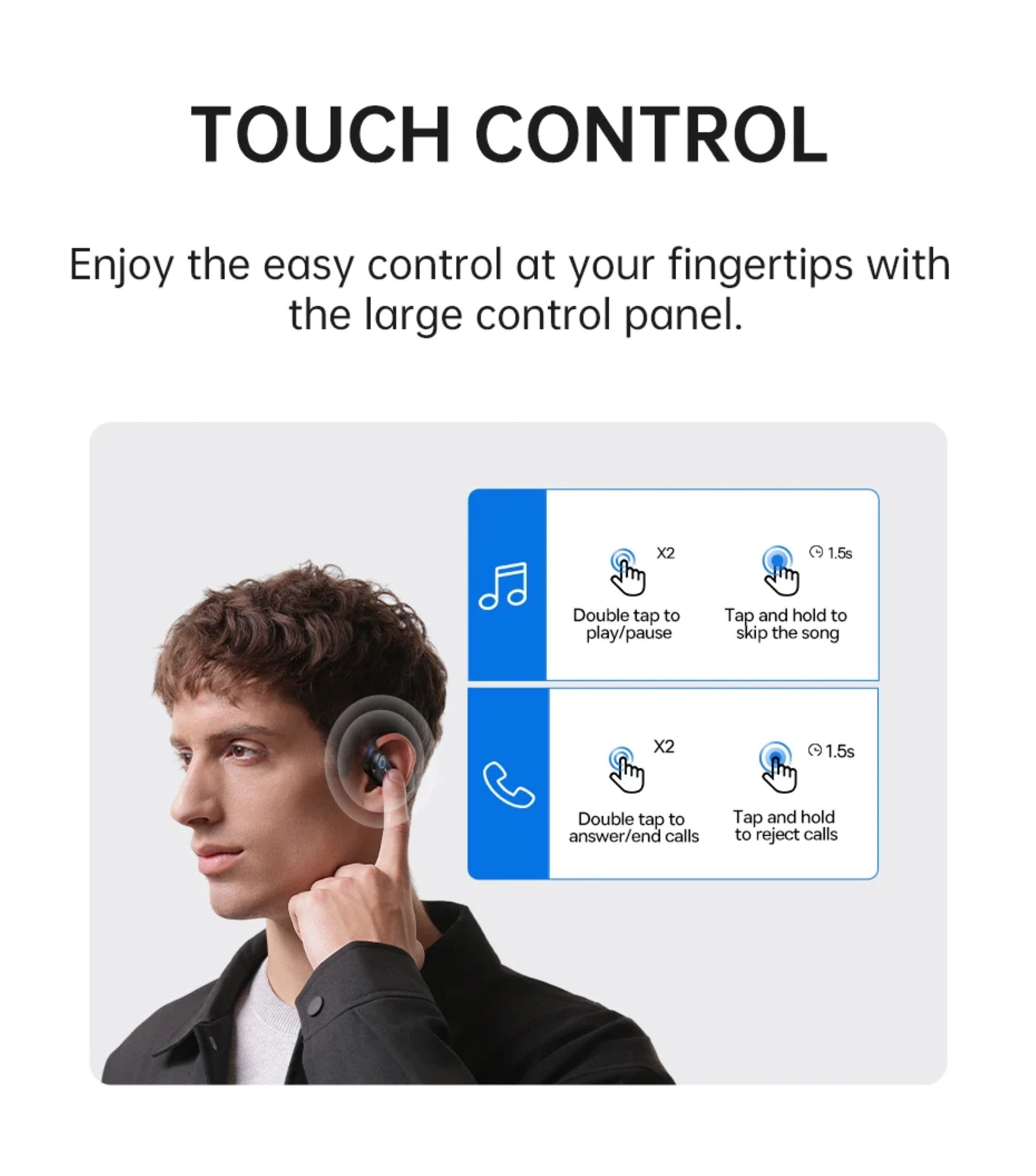 Person using earbud with touch control panel displayed on screen