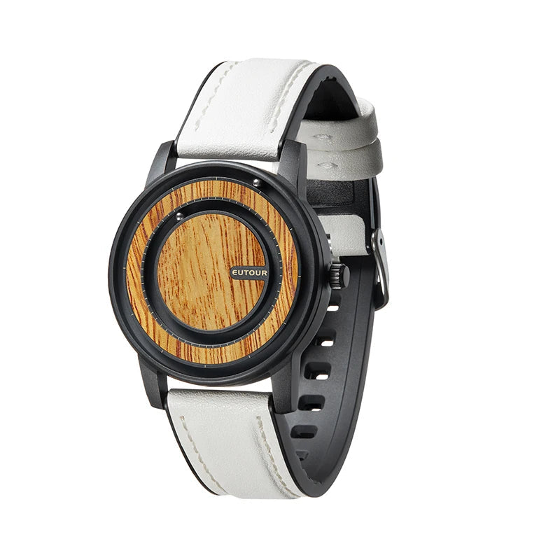 Wooden watch with white strap and EUTOUR branding, including packaging on a white background