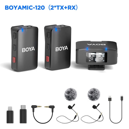 BOYA wireless microphone system with transmitter, receiver, and accessories on a white background