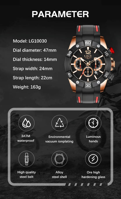 Watch with technical specifications and features on a dark background
