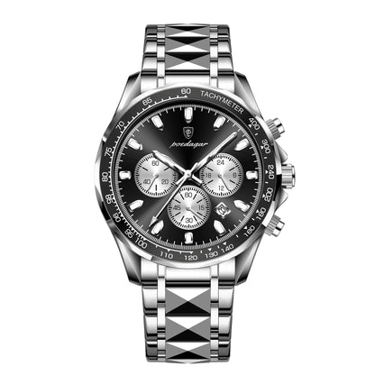 Silver watch with black dial on a white background