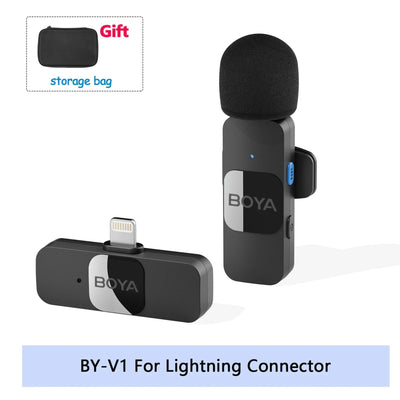 BOYA BY-V1 wireless microphone system with lightning connector on a white background