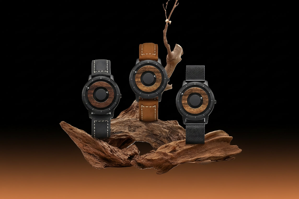 Three watches with wooden and leather accents on a natural wood display