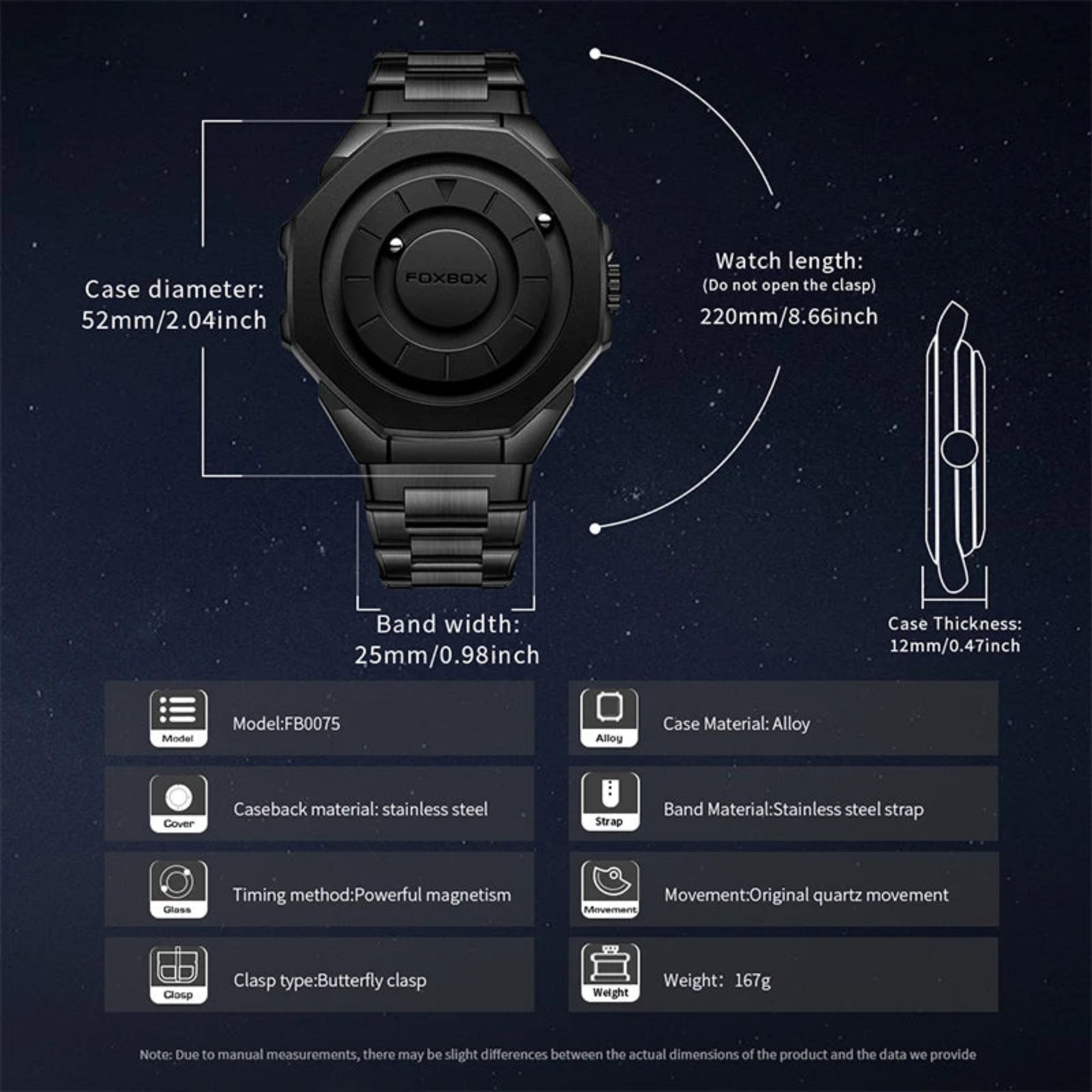 Black watch with technical specifications on a dark background