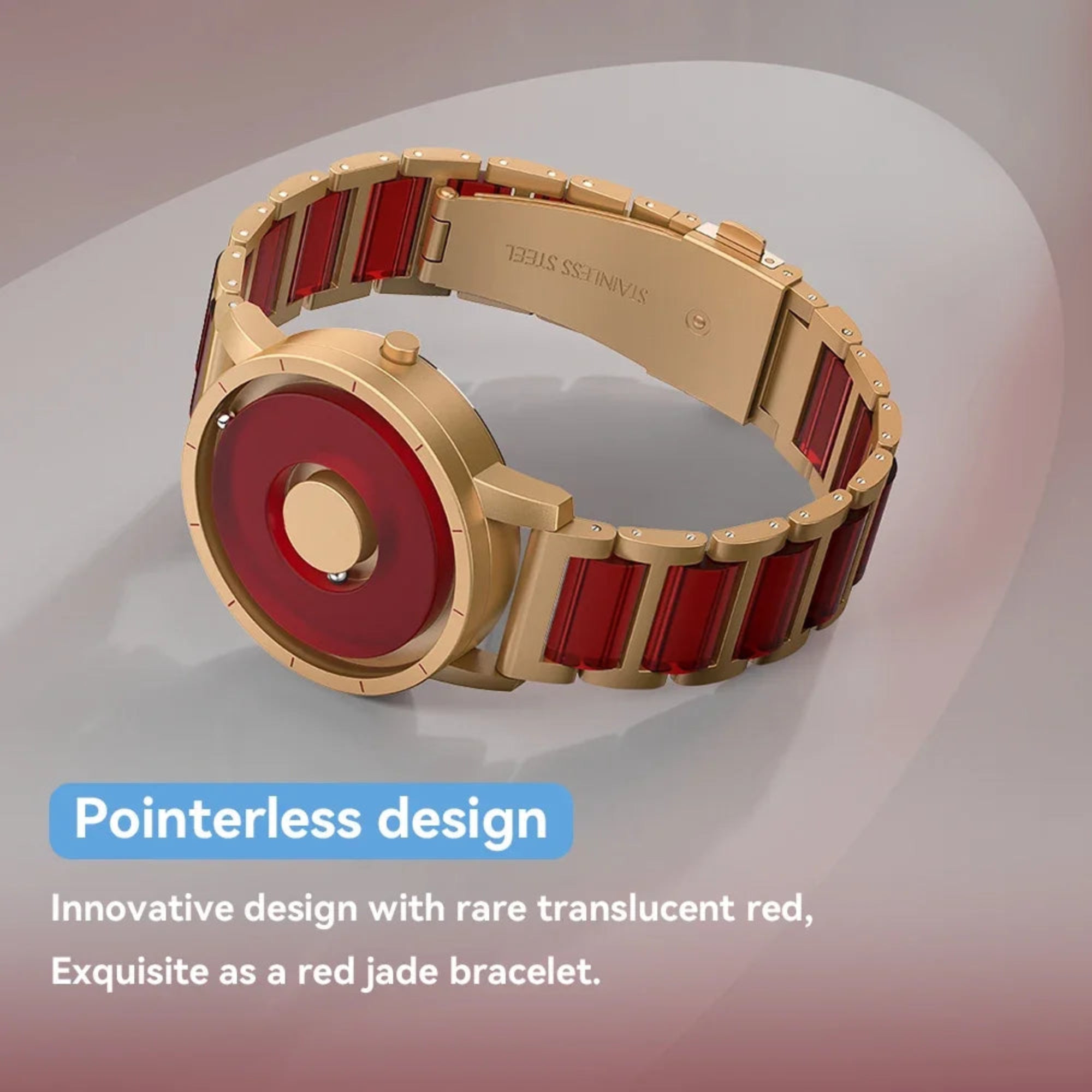 Gold and red bracelet with 'Pointerless design' text on a gradient background