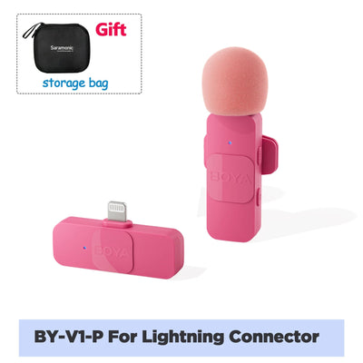 Pink BY-V1-P microphone with lightning connector and storage bag on a white background