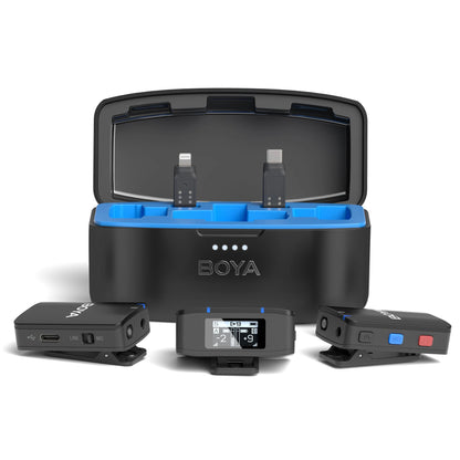 BOYA microphone setup with transmitter, receiver, and charging case on a white background