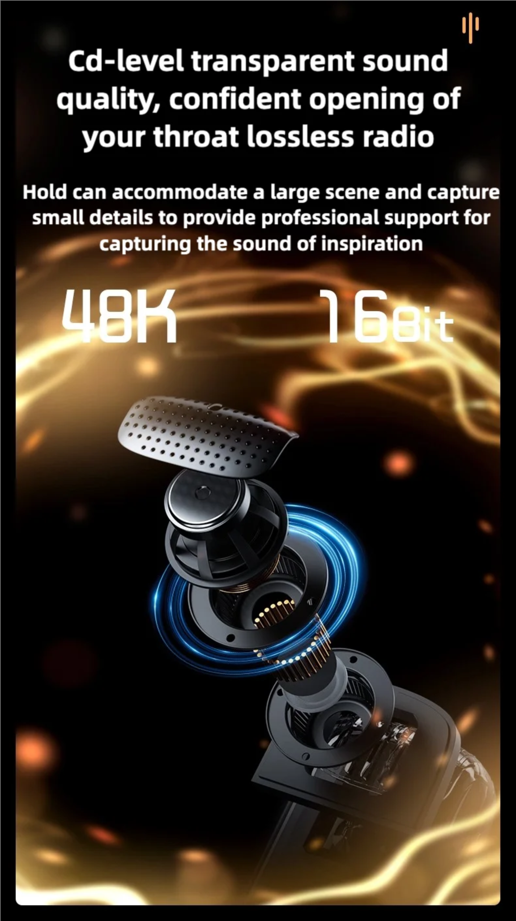 Technical diagram of a microphone with text about sound quality and features on a dark background.