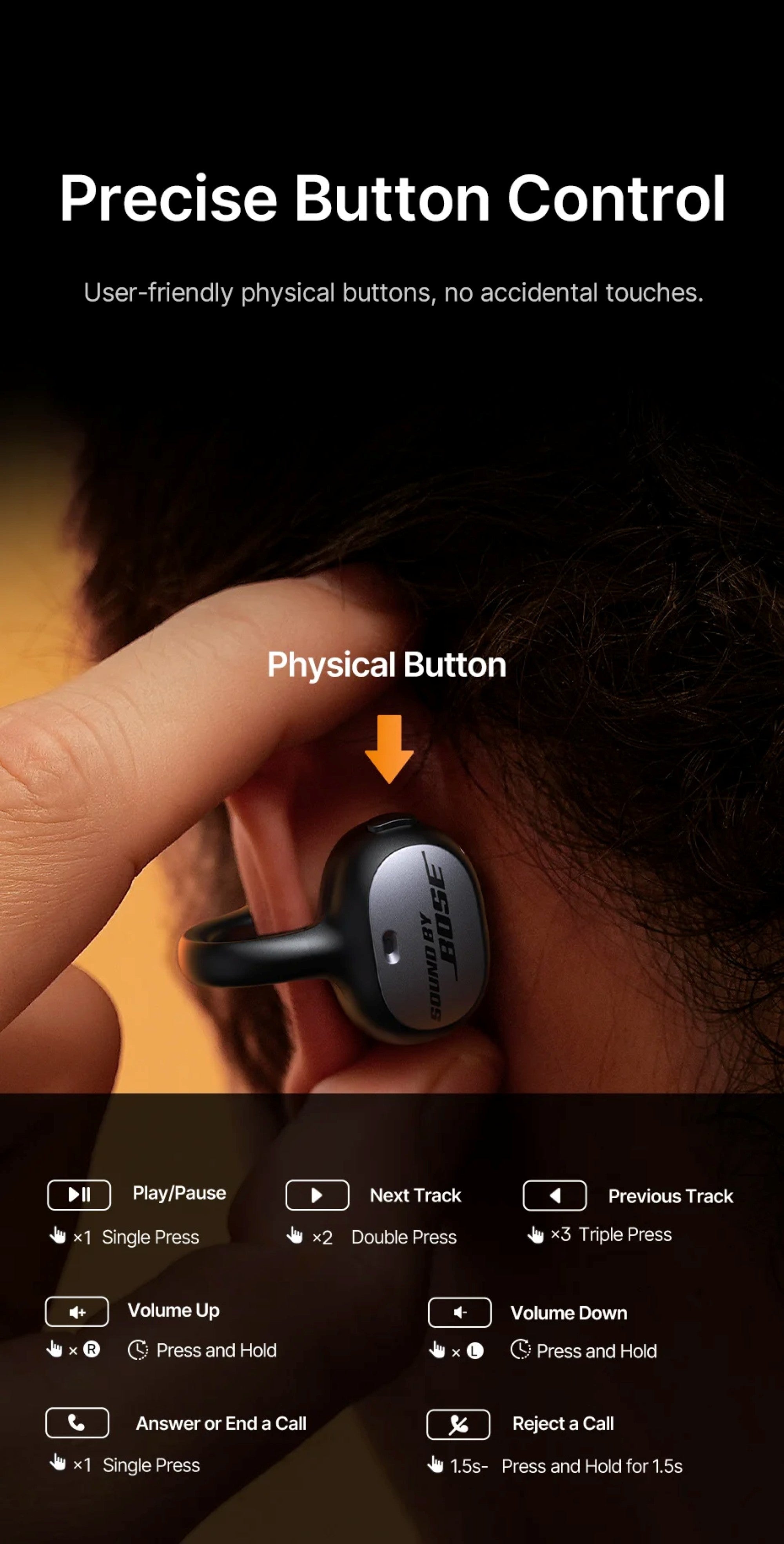 Bose earbud with control buttons highlighted, showing user-friendly physical controls.