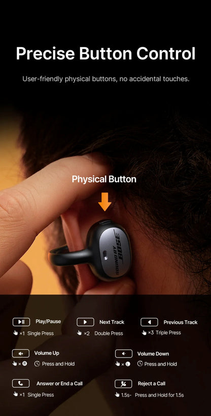 Bose earbud with control buttons highlighted, showing user-friendly physical controls.