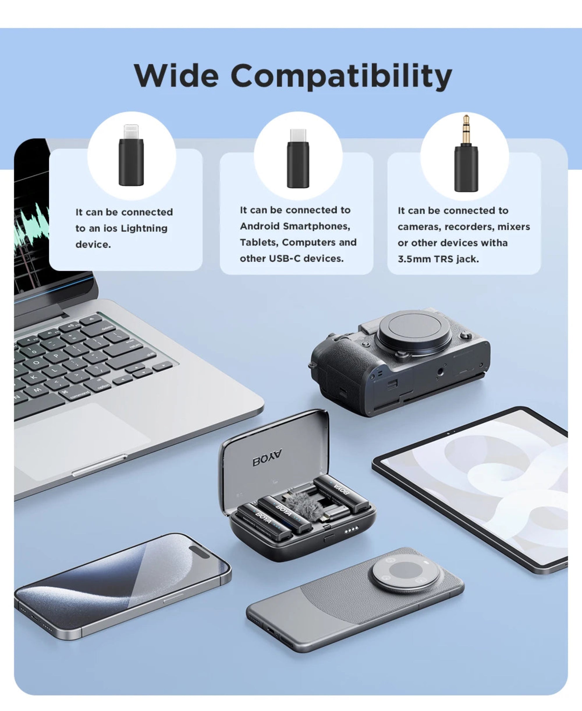 Product compatibility with laptop, smartphone, camera, and other devices on a blue background