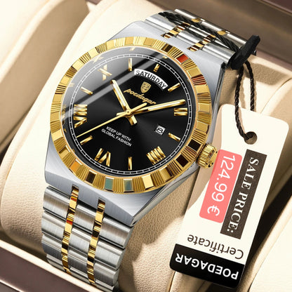 Luxury watch with gold and silver band on a beige cushion, price tag displayed.