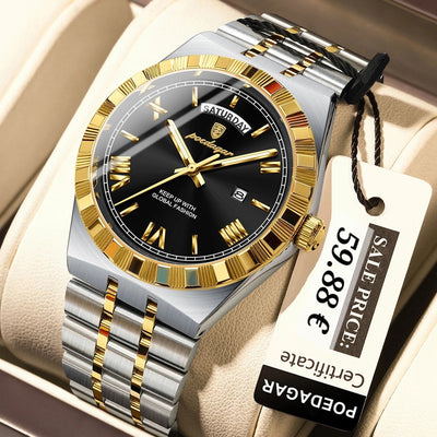 A two-tone stainless steel and gold POEDAGAR wristwatch with a black dial, presented in a beige watch box with a white sale tag attached.