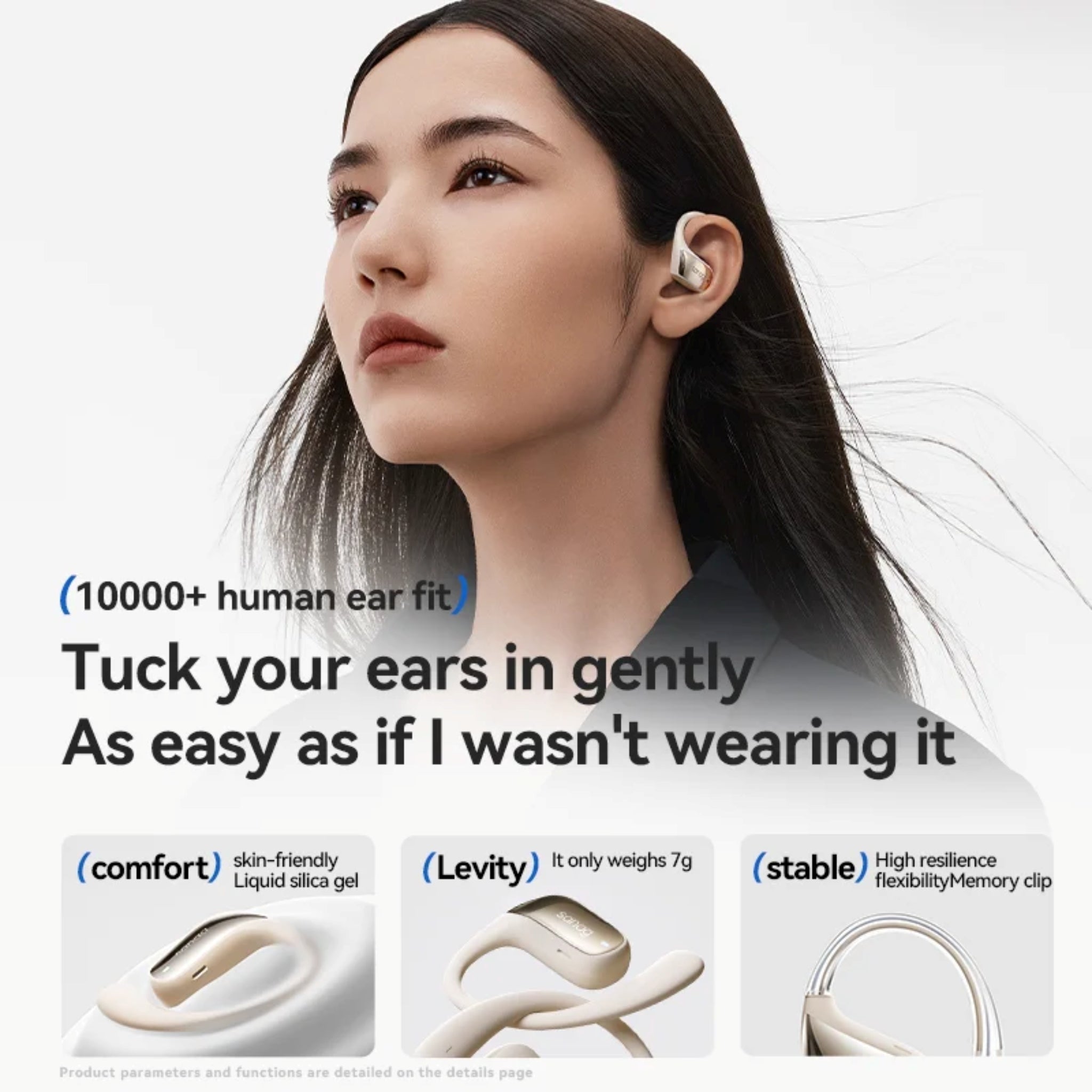 Woman wearing wireless earbuds with product features highlighted on a white background
