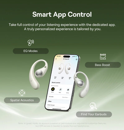 Smart earbuds with app control on a green background