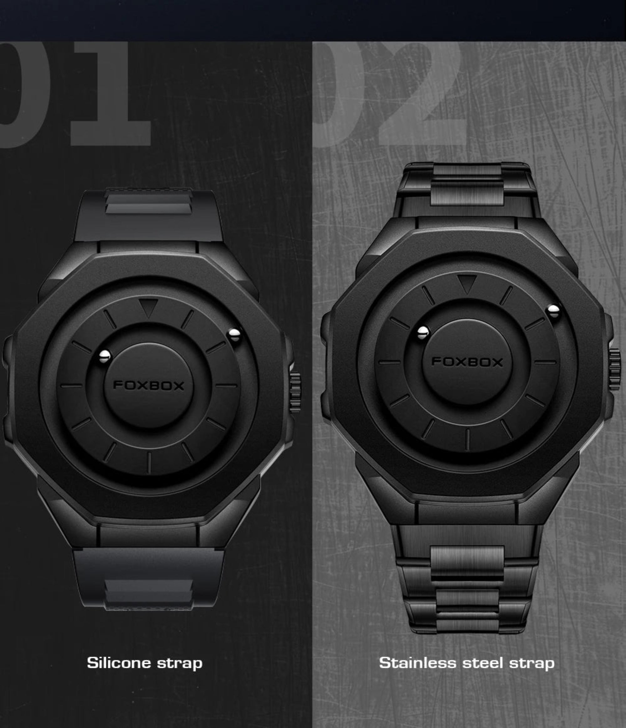 Two views of a black watch with 'FOXBOX' branding, one showing silicone strap and the other stainless steel strap on a dark background.