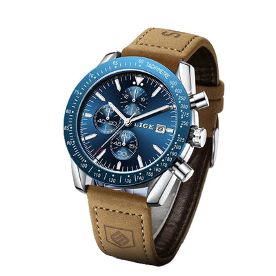 Wristwatch with blue face and brown leather strap on a white background