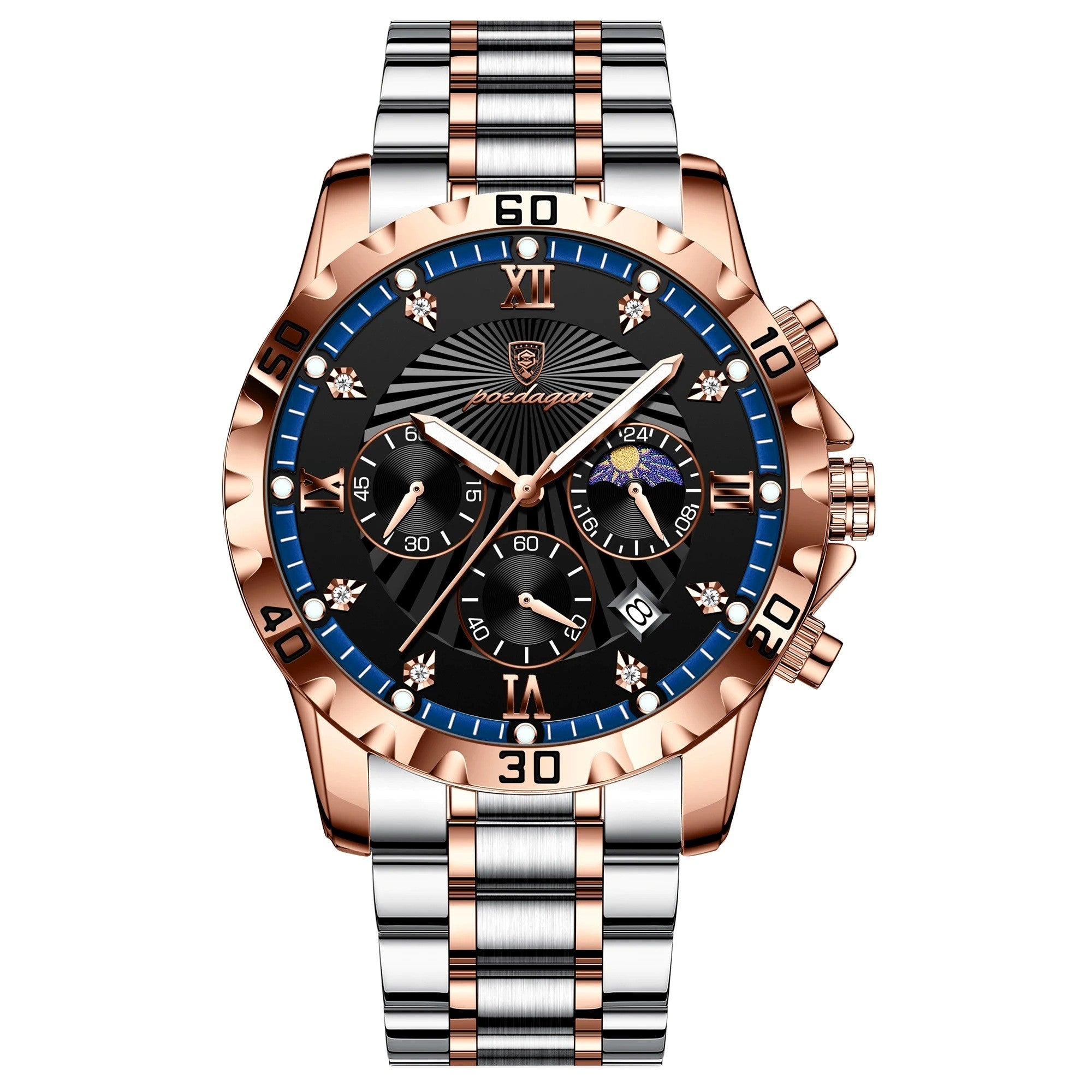 Luxury watch with rose gold and silver band on white background