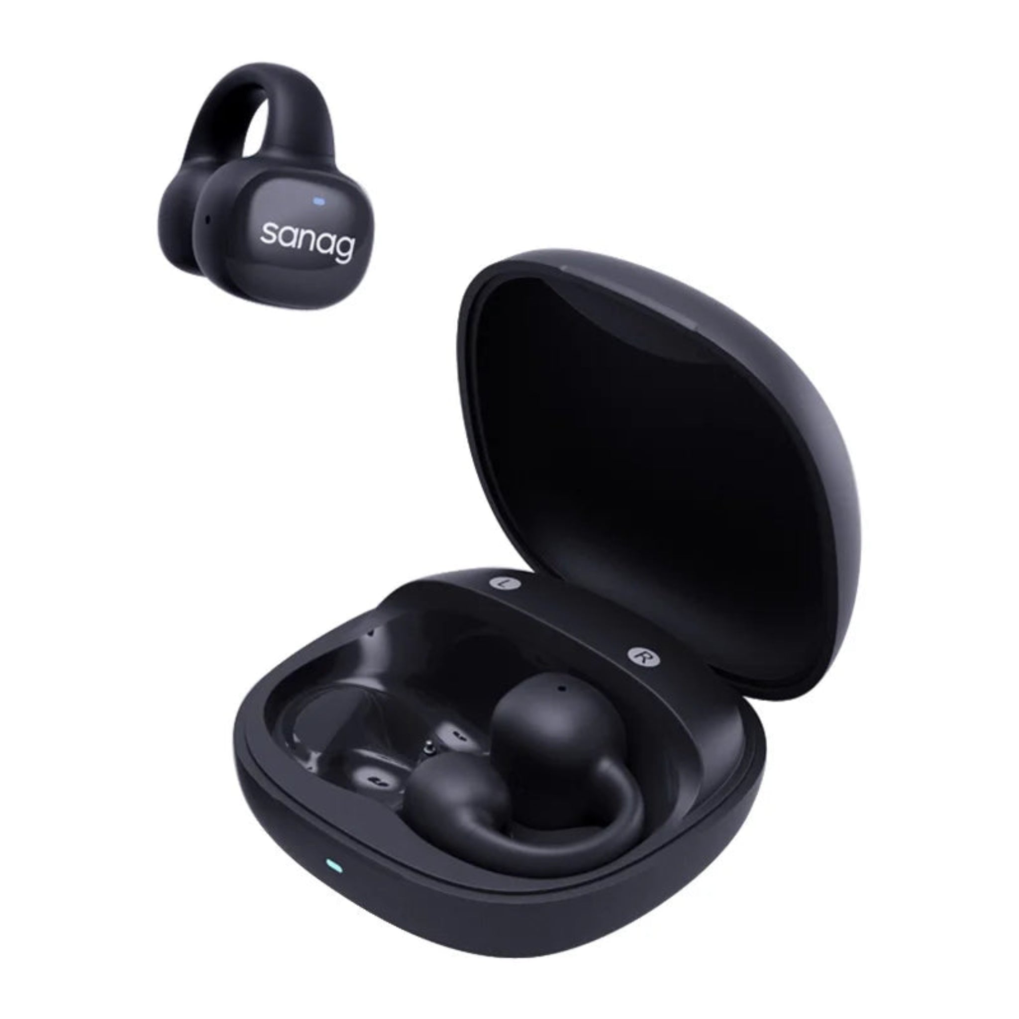Sanag S5S HD Earphone, showing the earbuds and the charging case, in a transparent white color.