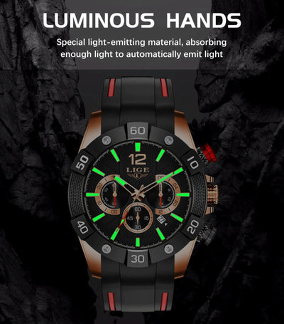 Black wristwatch with green glowing hands on a dark background