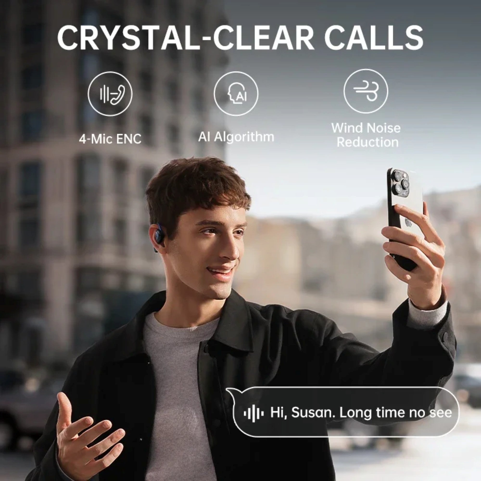 Man using a smartphone with earbud, text 'Crystal-Clear Calls' and features listed.
