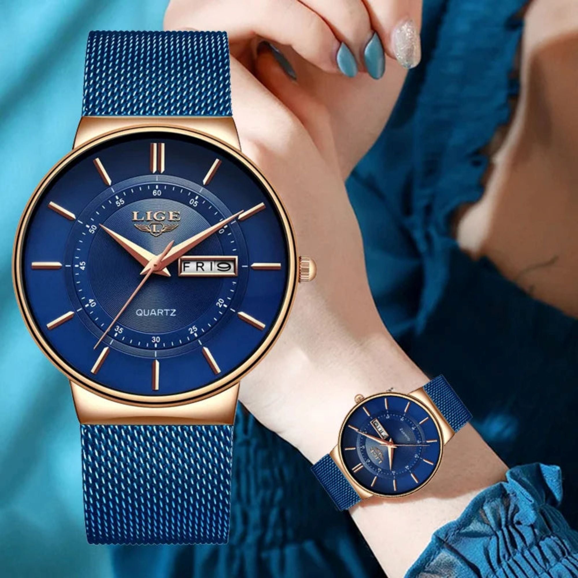 Blue watch with gold accents on a wrist against a blue background