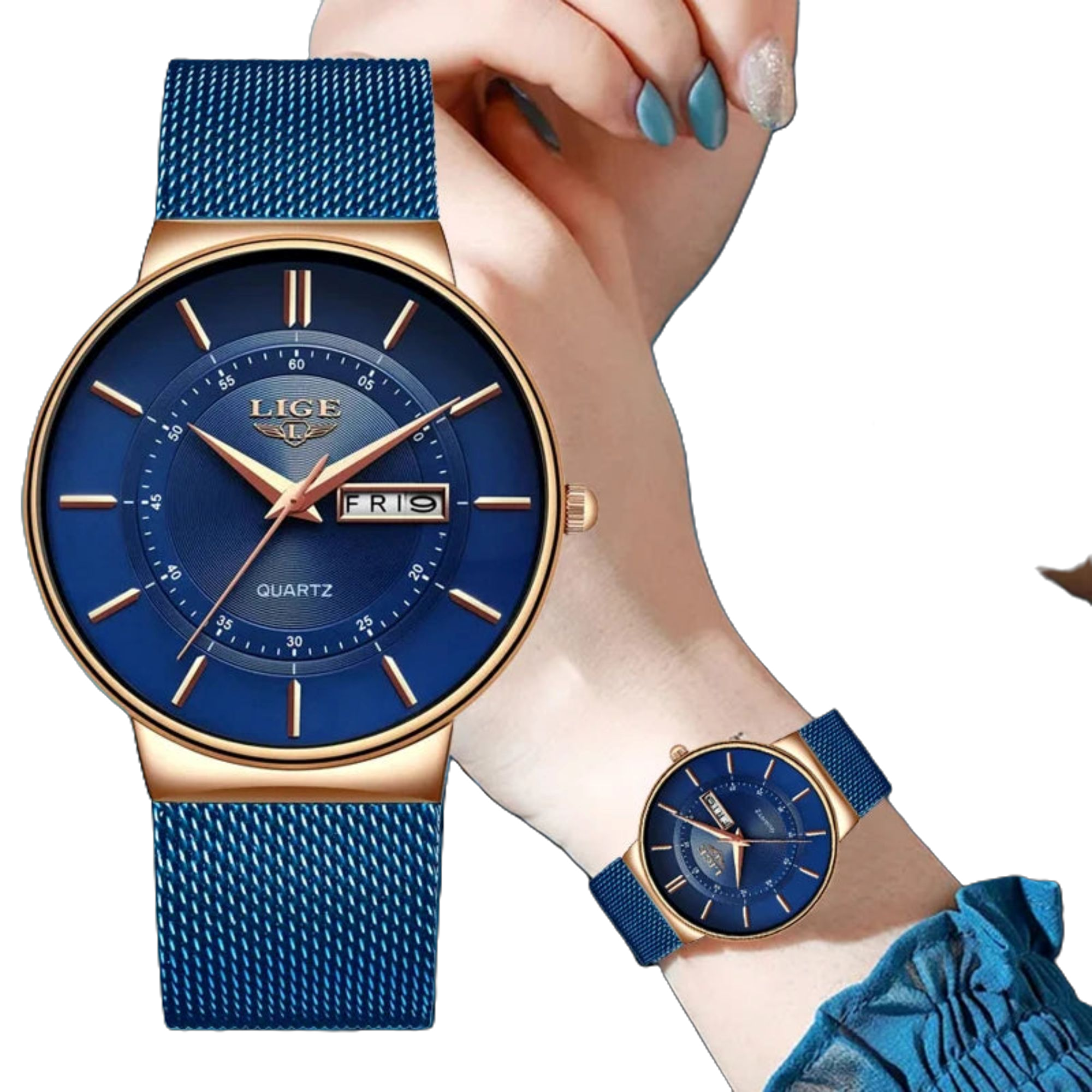 Blue watch with gold accents held by a hand, brand 'LIGE' visible
