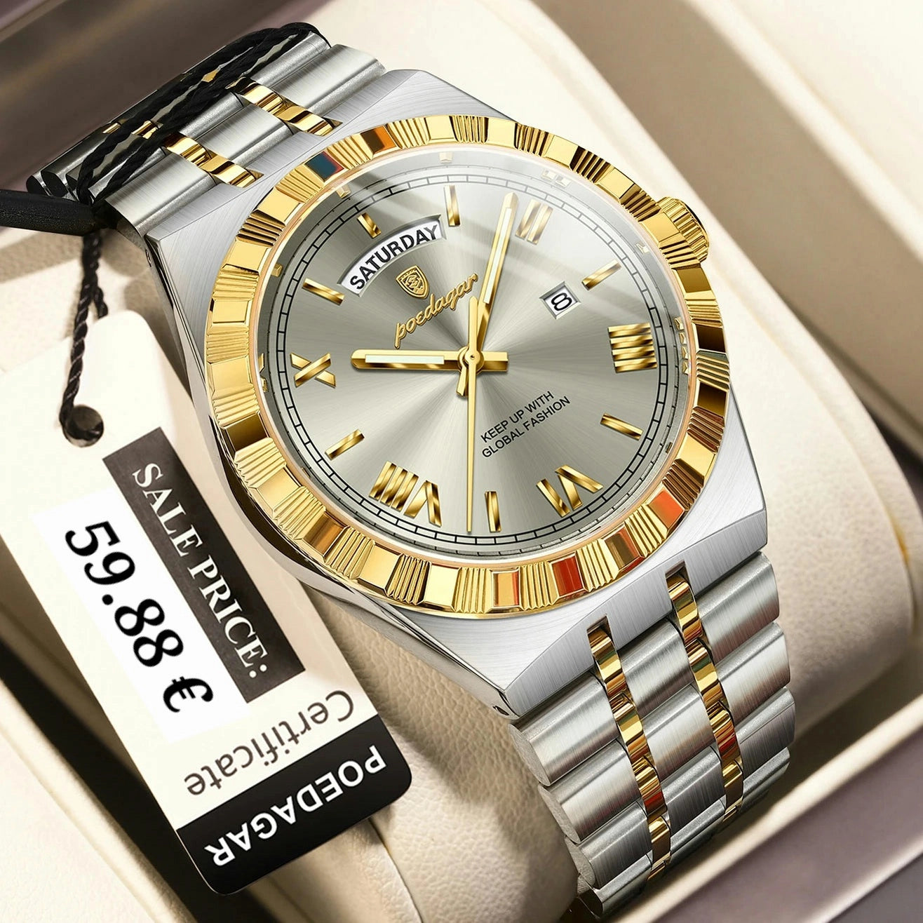 A two-tone stainless steel and gold Poddagar wristwatch with a silver sunburst dial, displayed inside a cream-colored watch box with a sale tag attached.